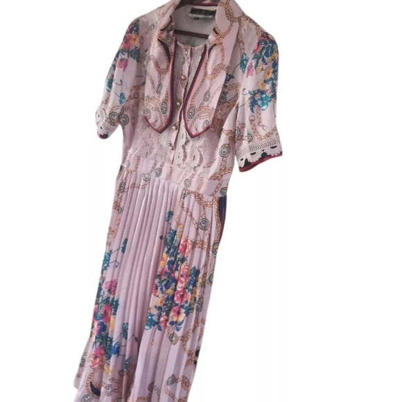 Dalia Macphee Pink Floral Lace Chains Pleated Midi Dress Size M New - Picture 5 of 9